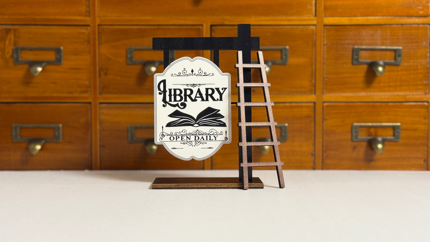 Book Nook Wooden Sign w/ Miniature Ladder